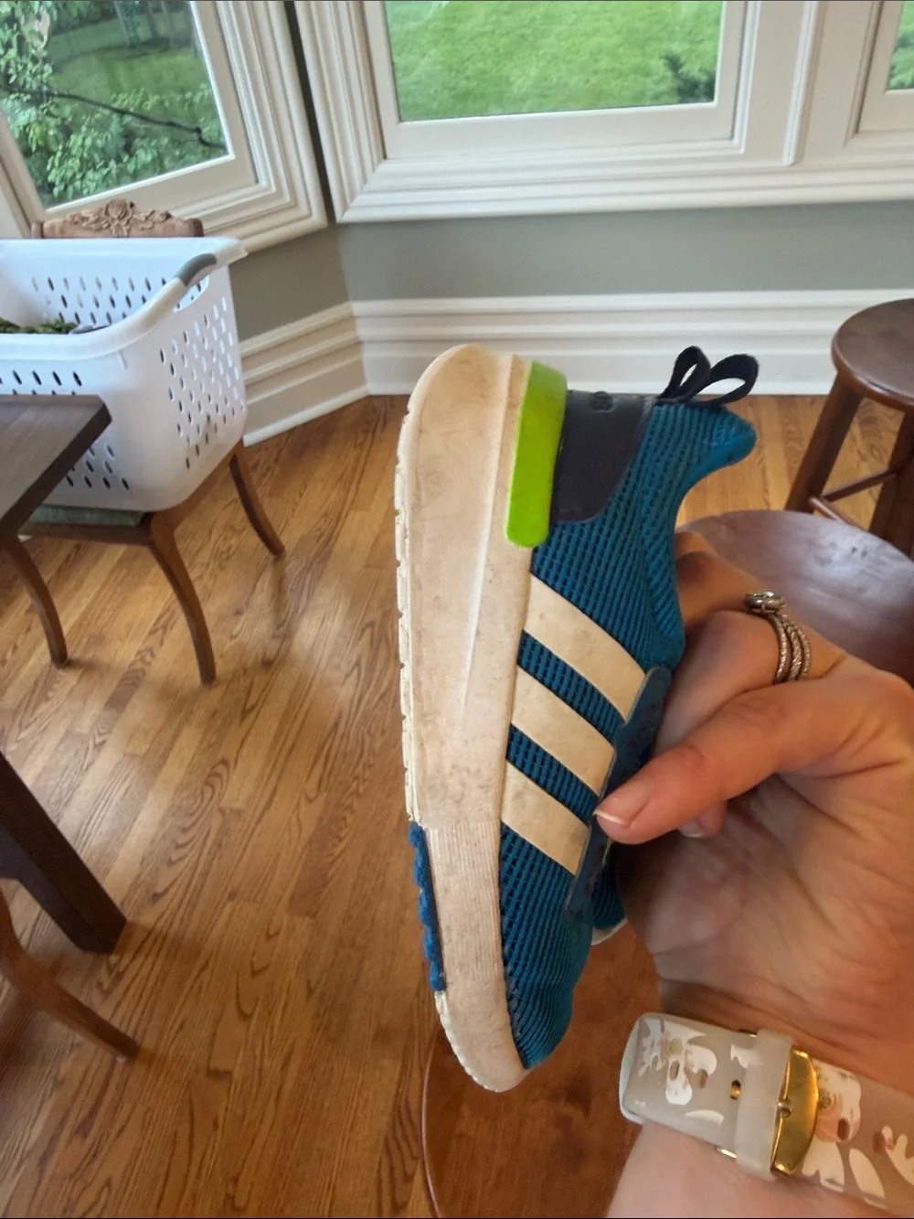 adidas Kids Blue and Neon Green Slip-On Sneakers with White Stripes